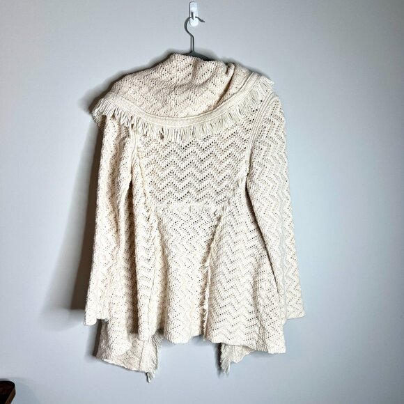 Anthropologie Angel of the North Chevron Fringe Knit Shawl Collar Cardigan Cream - Picture 5 of 5